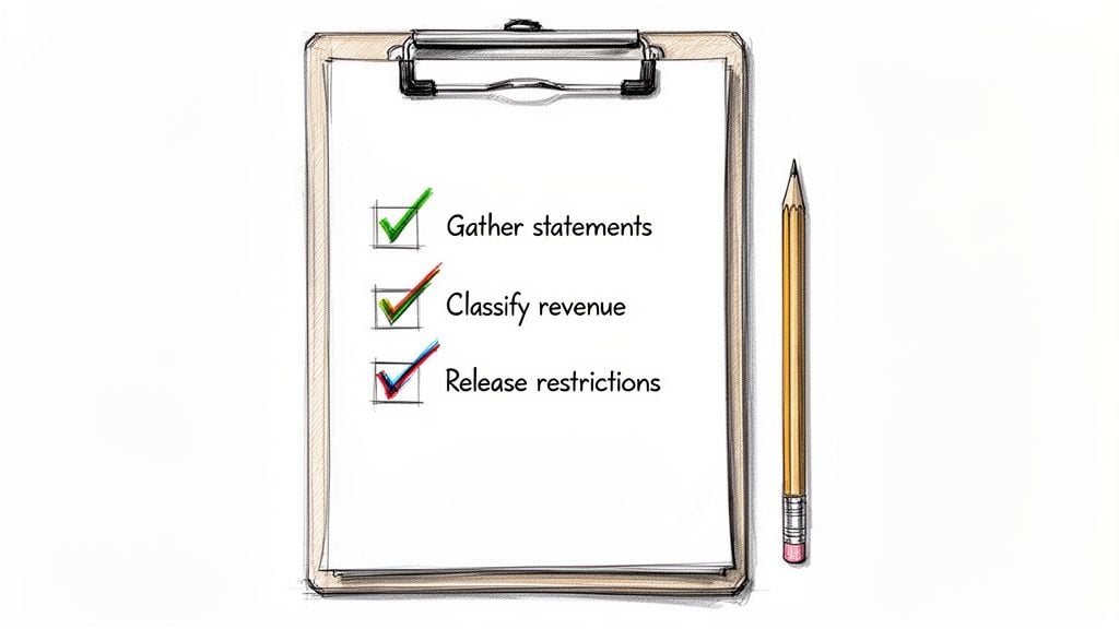 A hand-drawn illustration of a checklist on a clipboard with three completed tasks: Gather statements, Classify revenue, Release restrictions, next to a pencil.