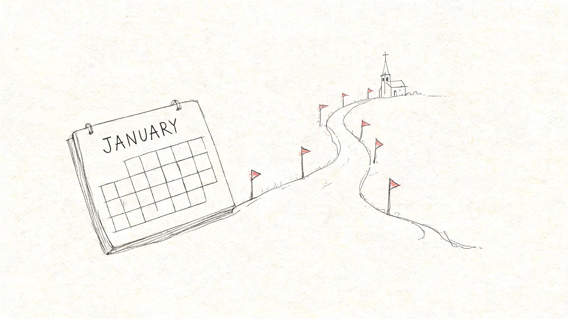 A pencil sketch of a calendar page for January beside a path leading to a church.