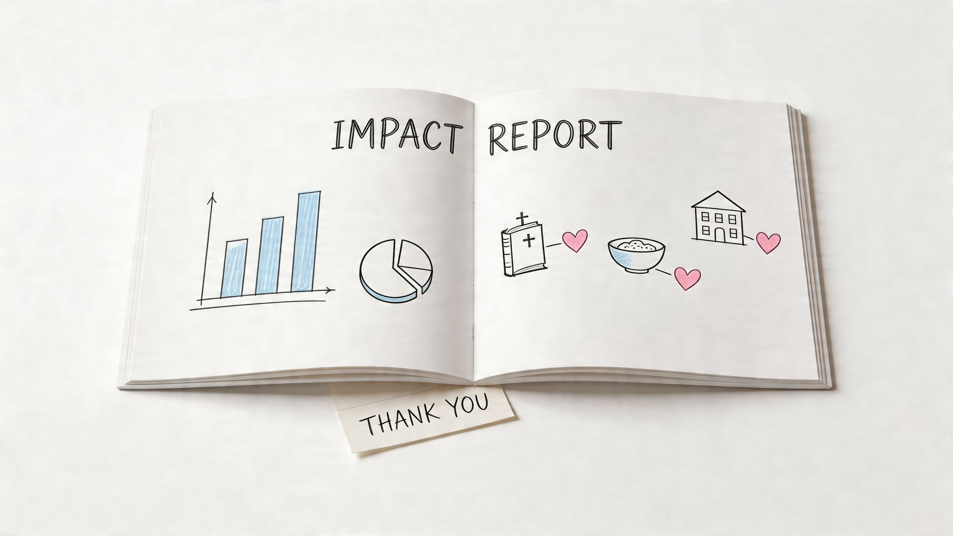 Open book showing impact report graphics of a bar chart, pie chart, Bible, food bowl, and house.