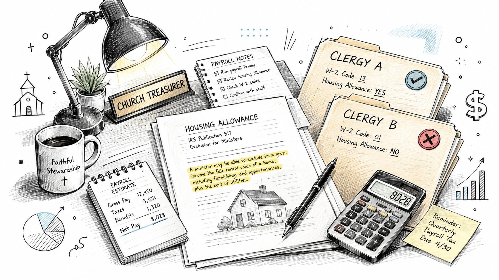A church treasurer's desk with documents about payroll, tax forms, housing allowances, and a calculator.