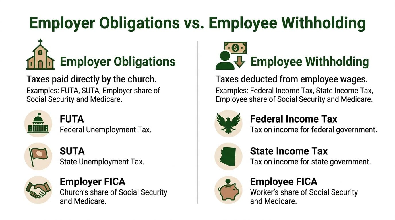 A comparison chart outlining differences between employer payroll tax obligations and employee tax withholding categories.