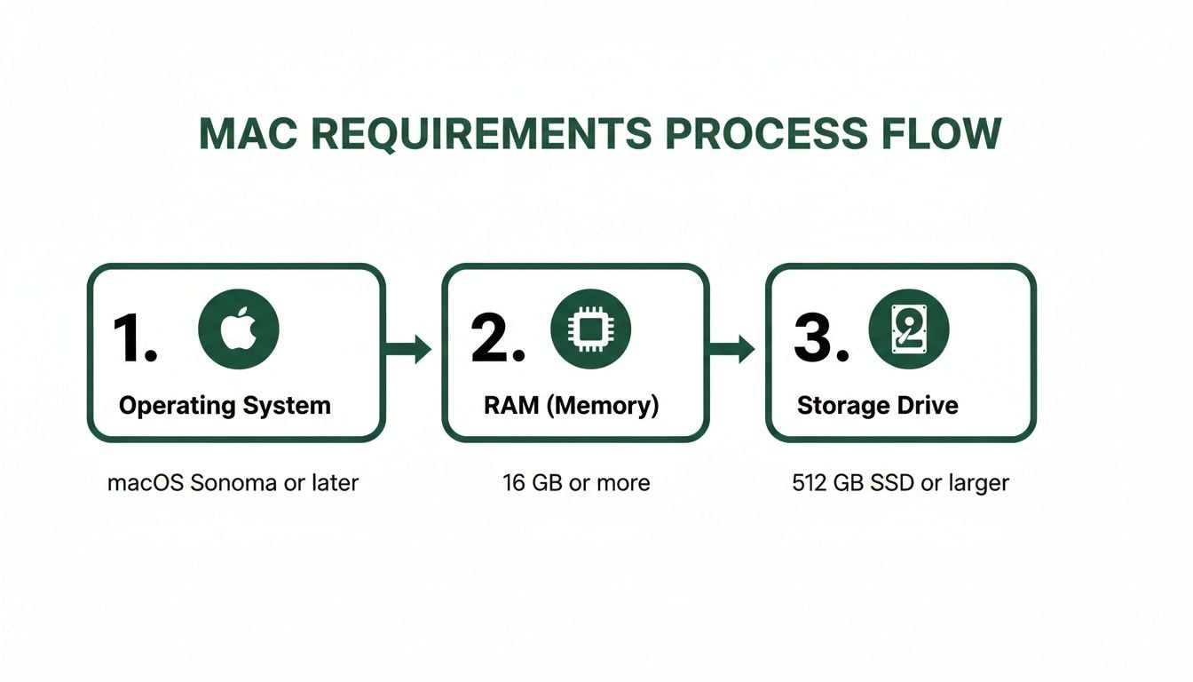 Mac requirements process flow detailing specifications for operating system, RAM, and storage drive.