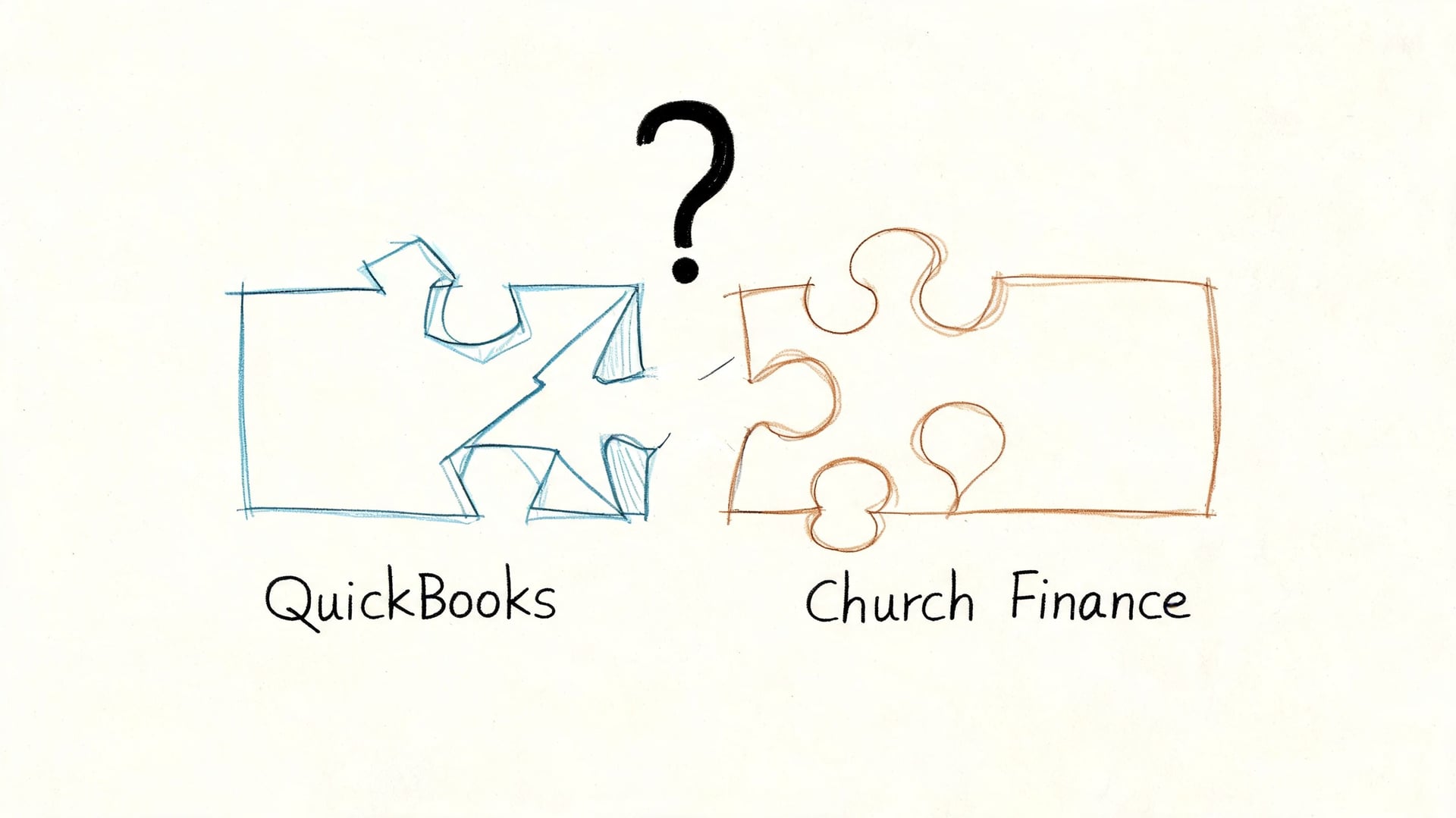 A conceptual sketch showing a puzzle piece labeled QuickBooks trying to connect with a Church Finance piece.
