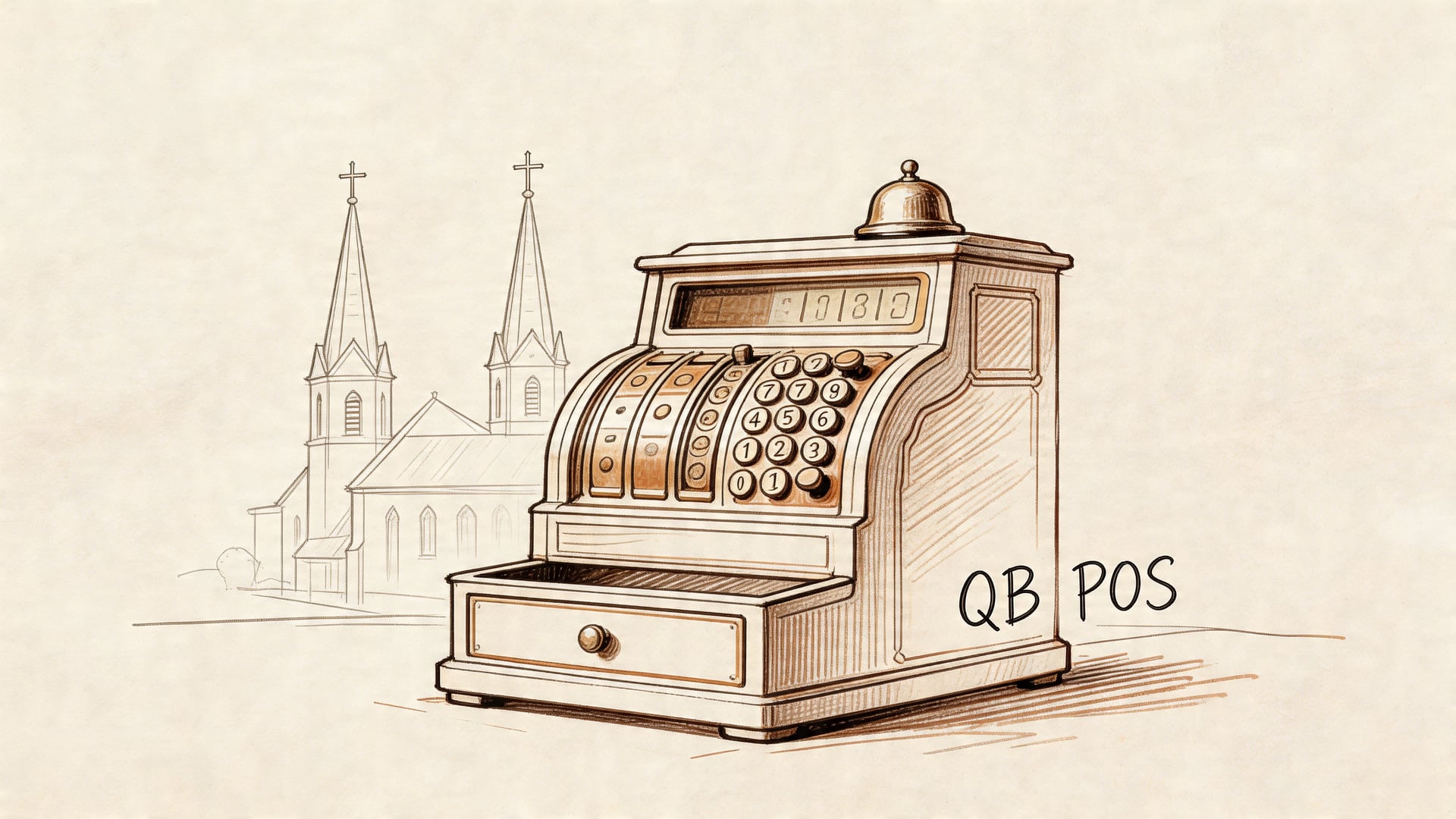 A vintage style cash register drawing with a church in the background and the text QB POS.