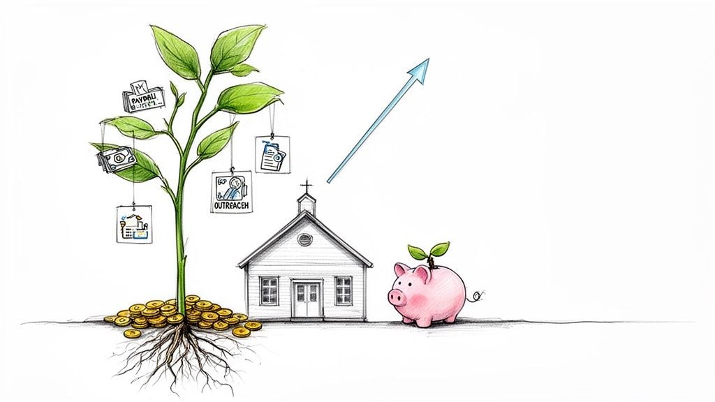 Illustration of church finances, a money tree with icons, a church, and a growing piggy bank.
