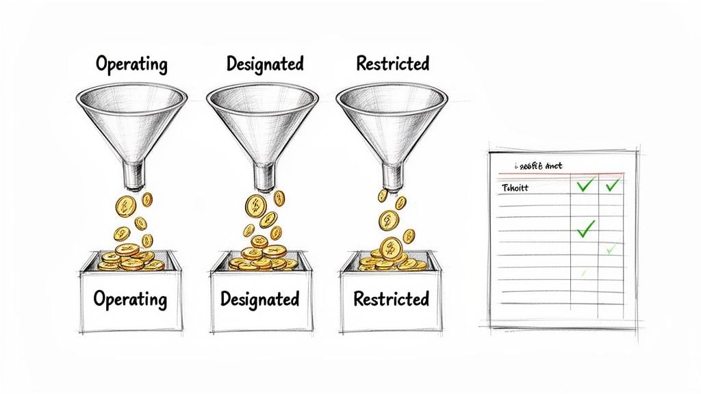 Three funnels pour golden coins into 'Operating', 'Designated', and 'Restricted' fund boxes, alongside a financial checklist.