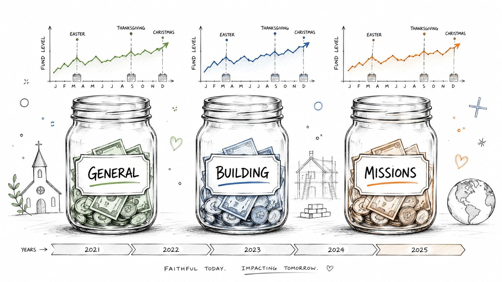 A conceptual illustration showing three money jars labeled General, Building, and Missions with accompanying growth charts over time.
