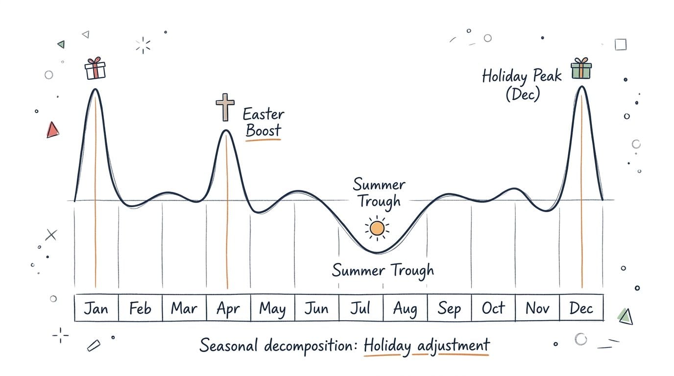 An illustration of seasonal decomposition showing revenue fluctuations across months with holiday peaks and summer troughs.
