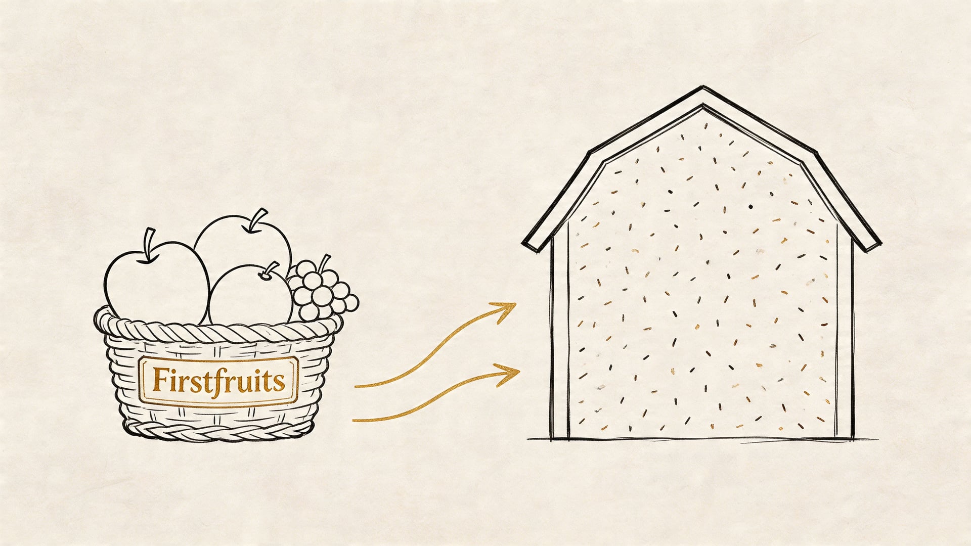A line-art illustration shows a basket labeled Firstfruits being moved into a grain storage barn.