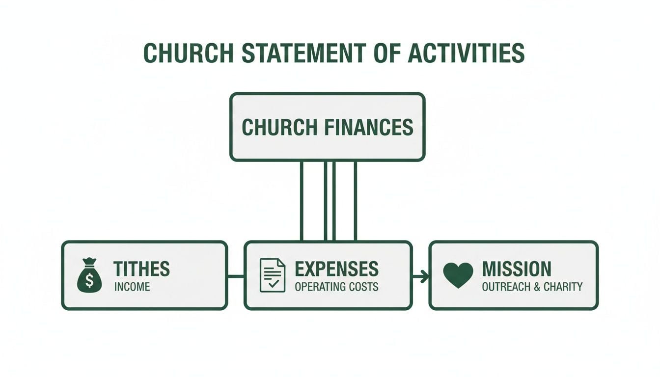 A church statement of activities flowchart illustrating finances, tithes, expenses, and mission.