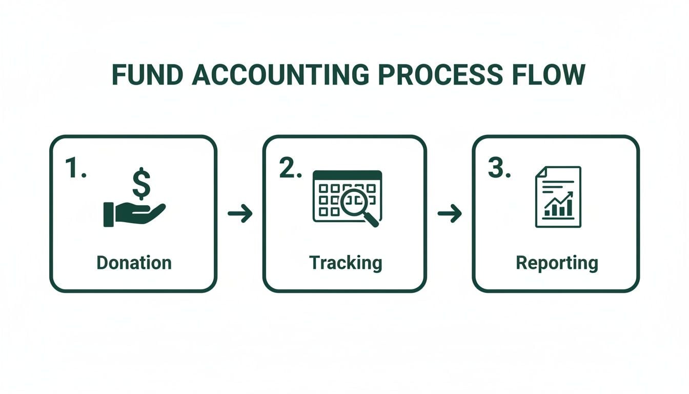 A visual flow chart illustrating the three steps of fund accounting: Donation, Tracking, and Reporting.