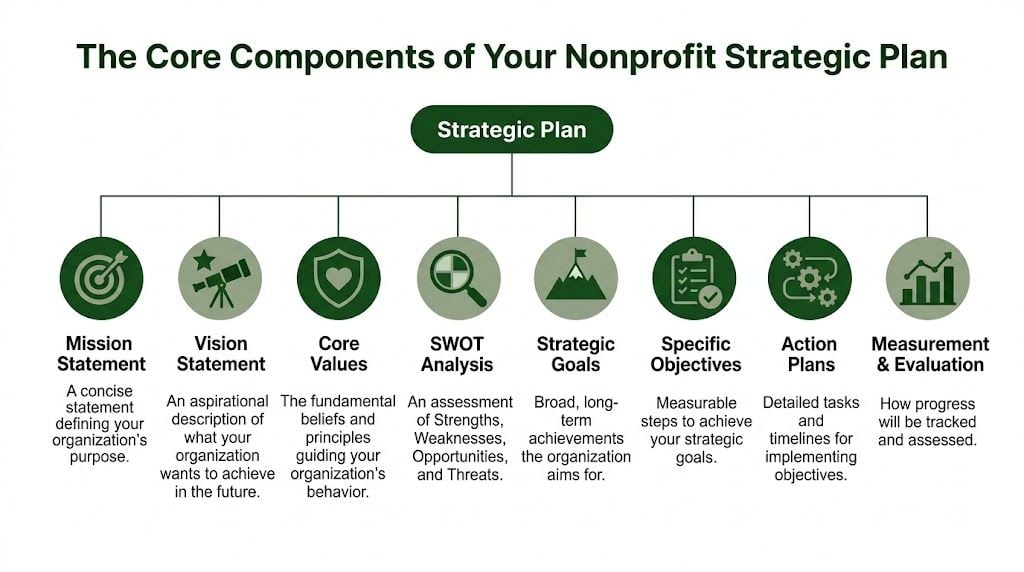 A diagram outlining the eight core components of a nonprofit strategic plan from mission to evaluation.