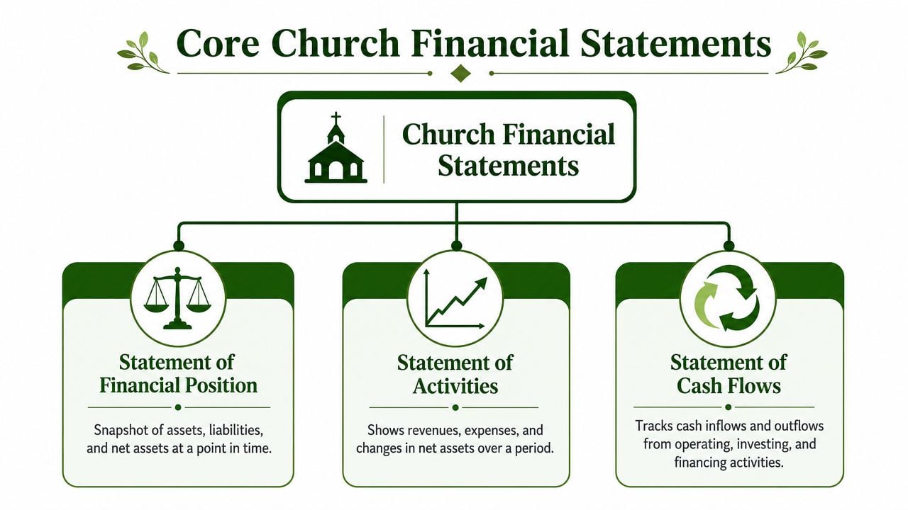 A diagram illustrating the three core church financial statements, including their definitions and primary functions.