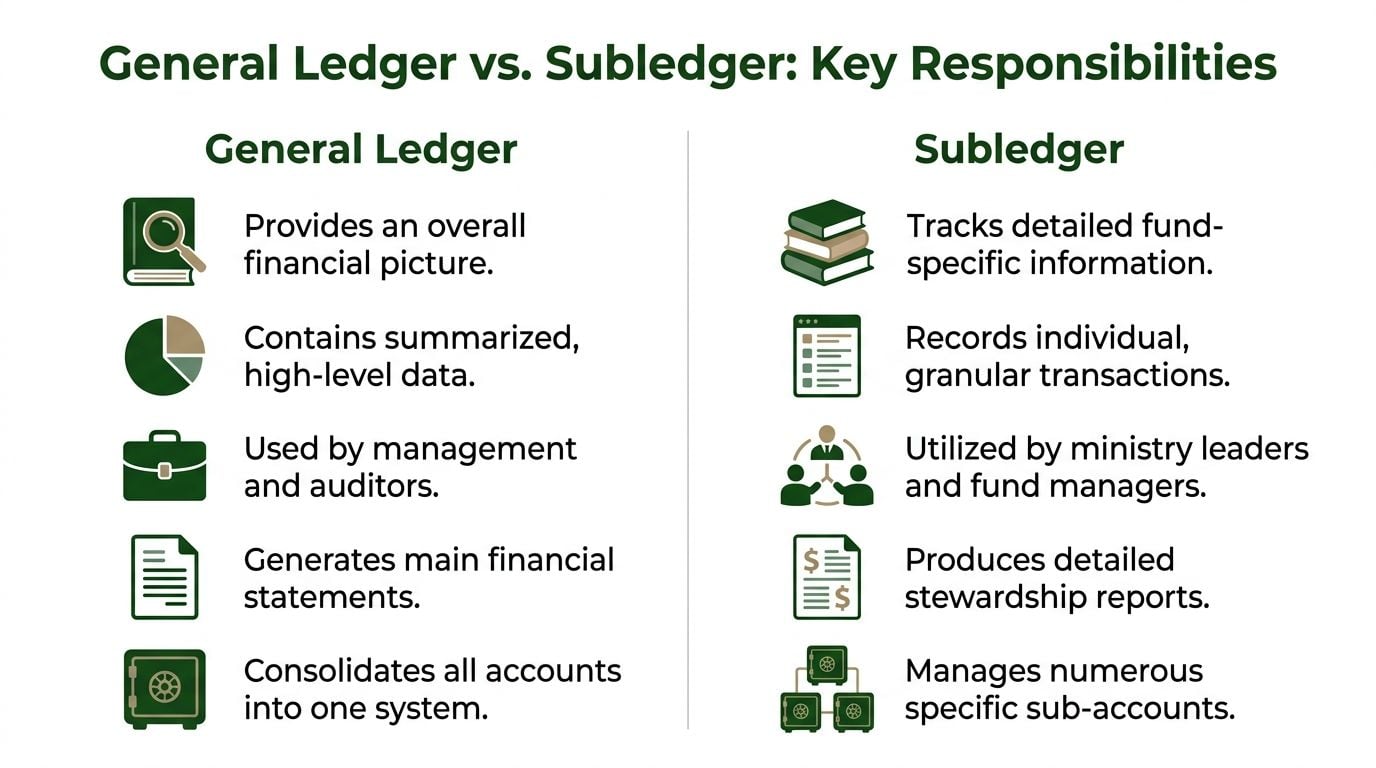 A comparison chart outlining the key functional differences between the general ledger and subledger accounting systems.