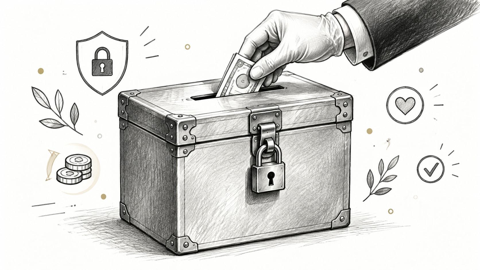 A gloved hand inserting a dollar bill into a secure, padlocked wooden donation or offering box.