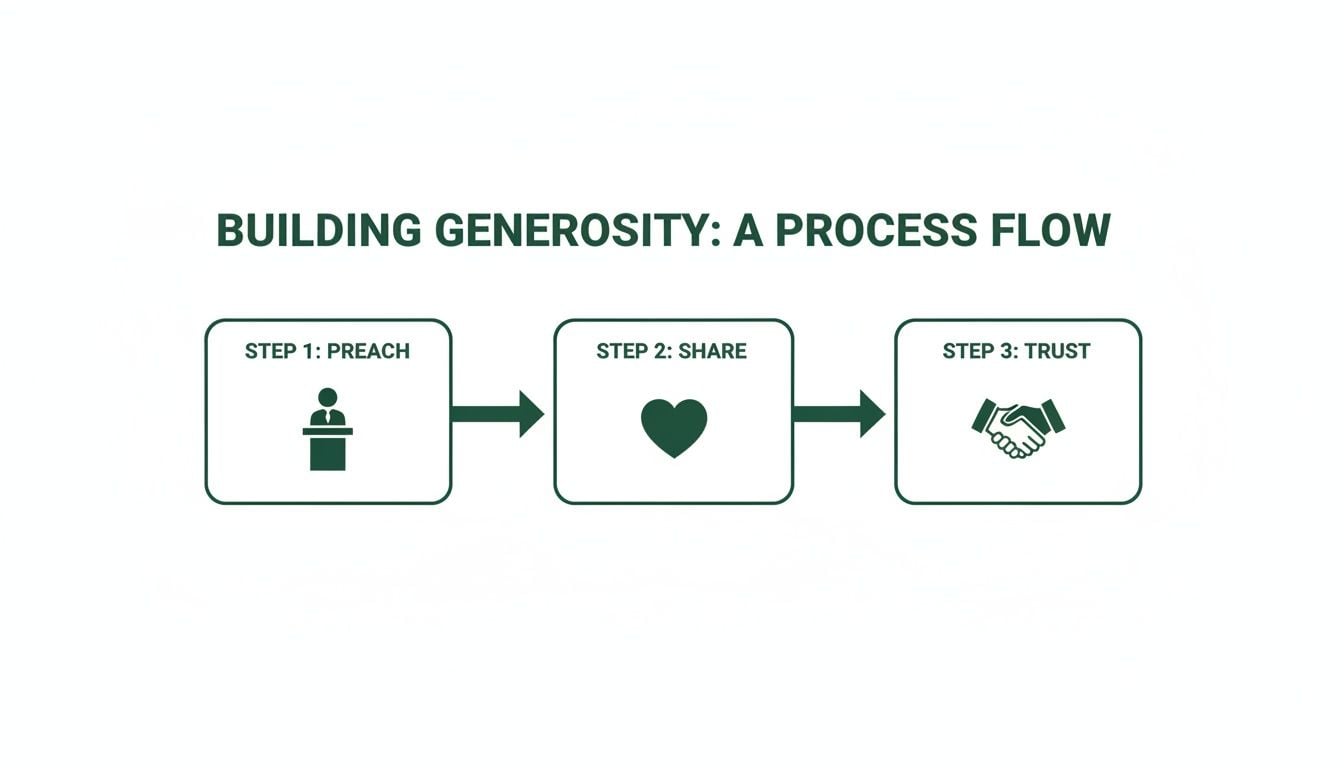 A flow chart illustrating the three steps to building generosity: preach, share, and trust.