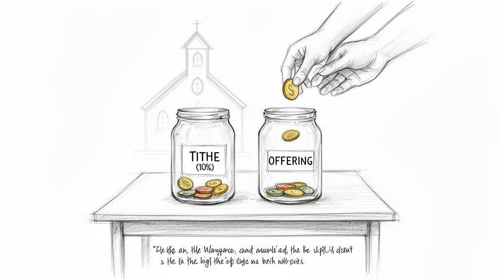 Hands dropping coins into two jars, one labeled 'Tithe (10%)' and the other 'Offering', with a church in the background.