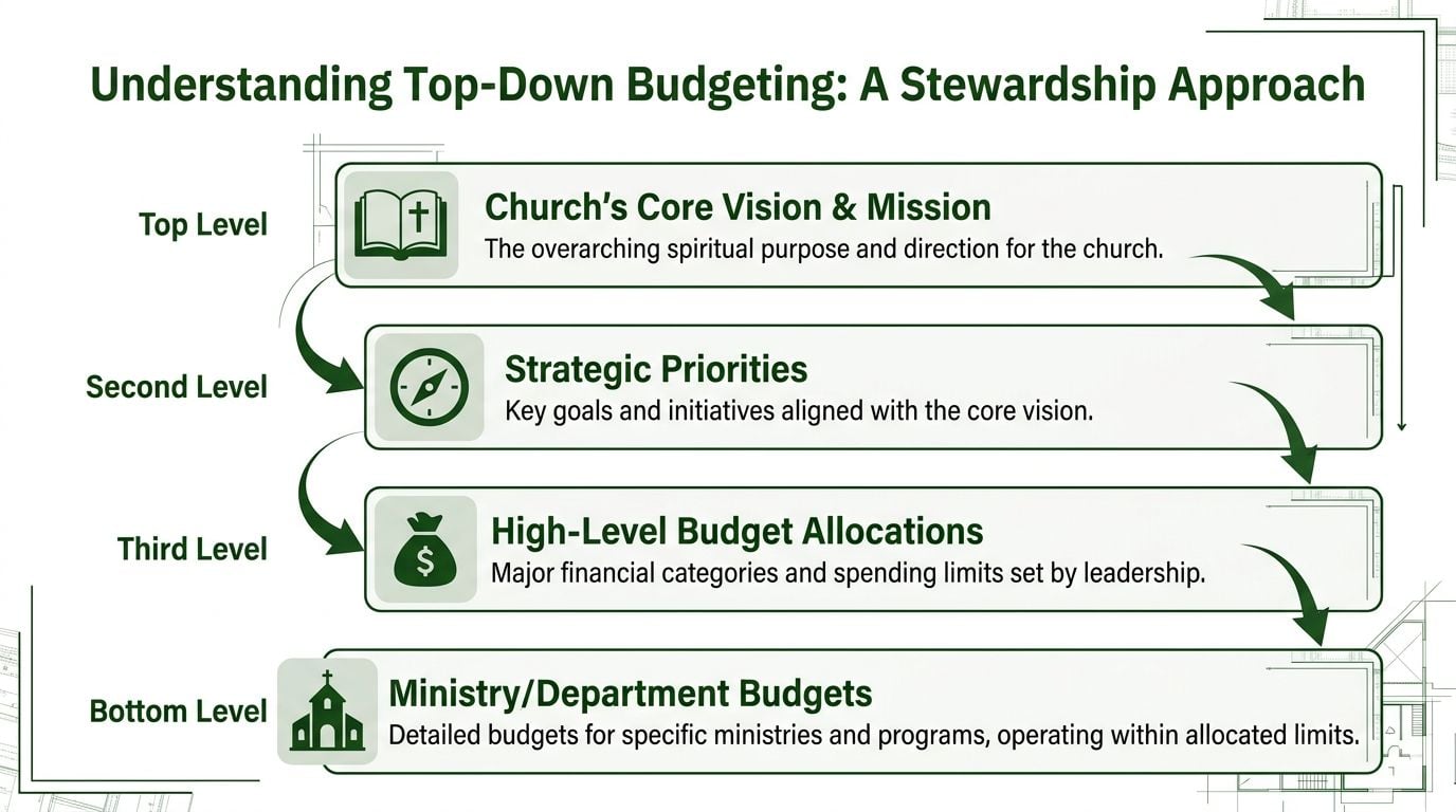 A diagram illustrating a four-level top-down budgeting process for church leadership and financial stewardship.