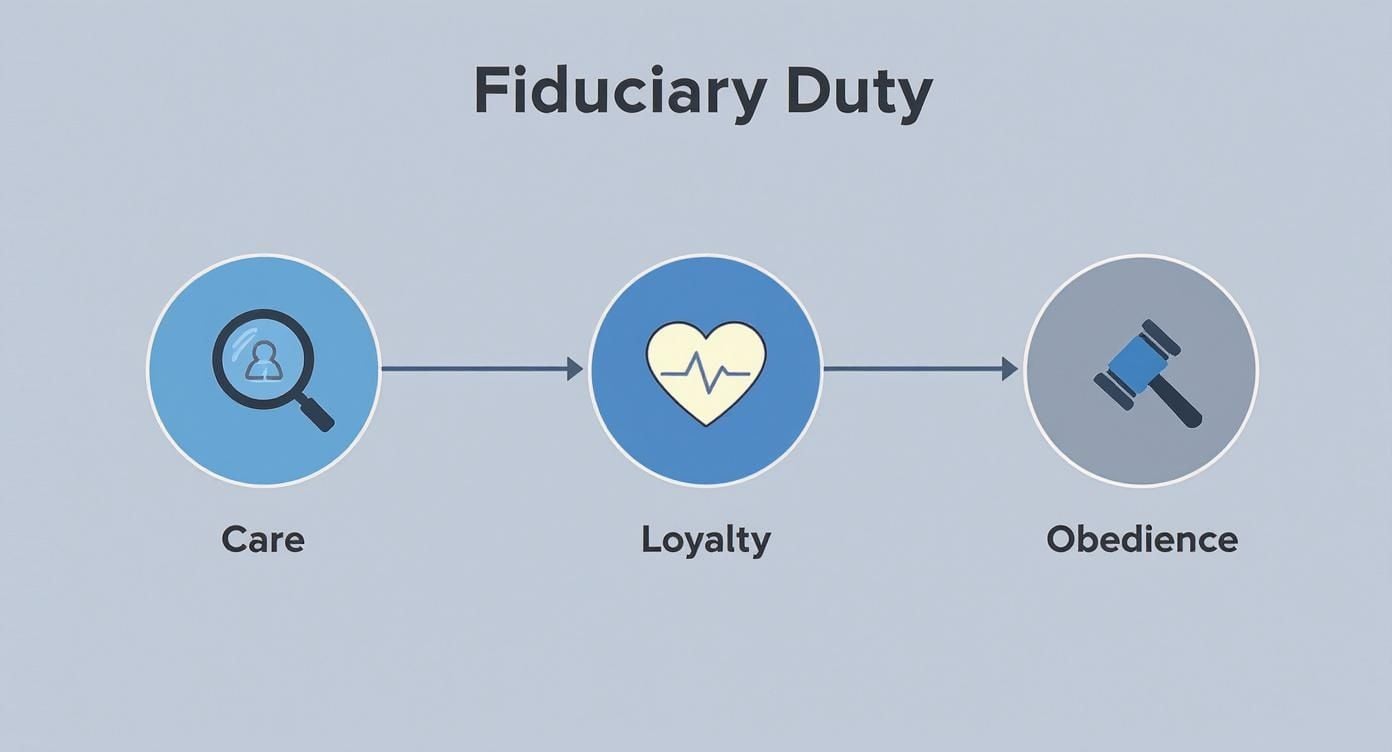 Fiduciary duty diagram showing three pillars: care, loyalty, and obedience with icons and arrows