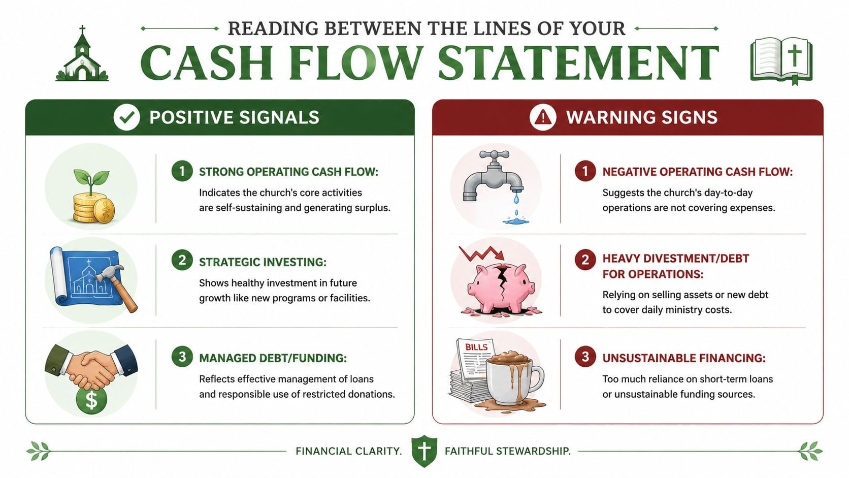 An infographic titled Reading Between the Lines of Your Cash Flow Statement explaining positive and warning financial signals.