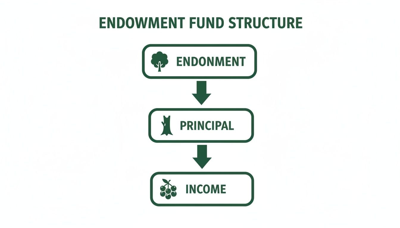 Diagram illustrating the endowment fund structure, showing the flow from endowment to principal and then to income.