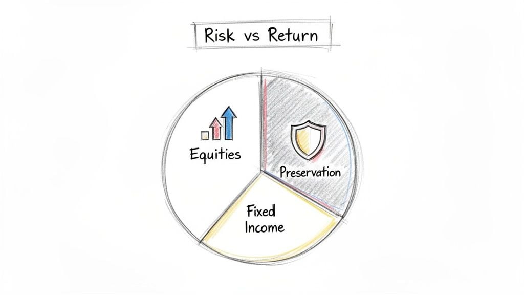 A pie chart illustrating investment allocation for risk vs return, showing equities, preservation, and fixed income.