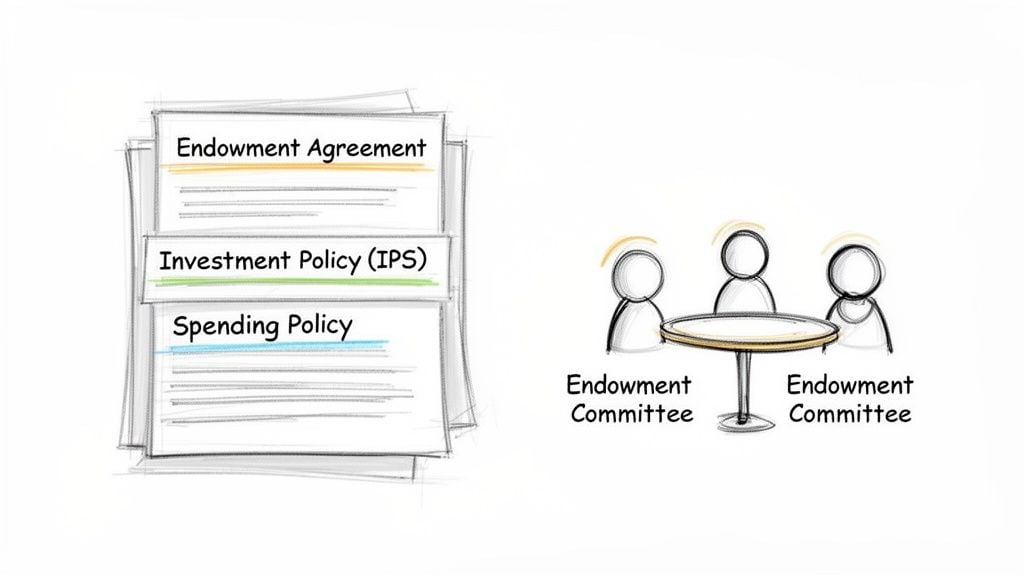 Documents on endowment agreement, investment policy, spending policy, and an endowment committee meeting.