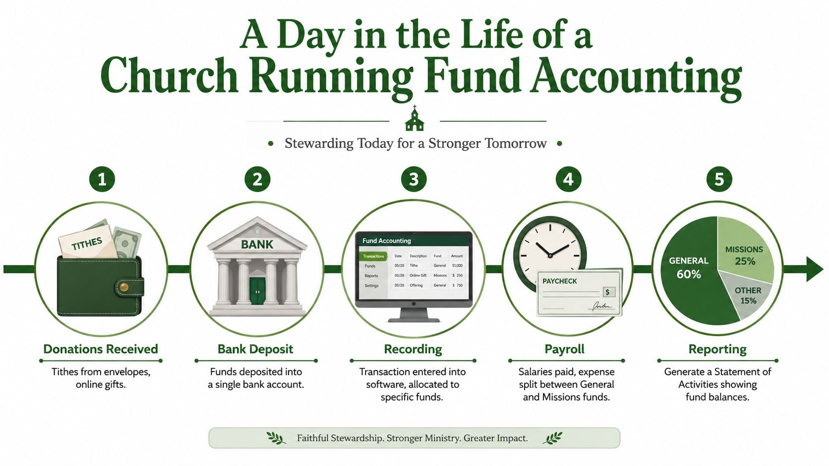 An infographic showing the five steps of church fund accounting, from receiving donations to financial reporting.