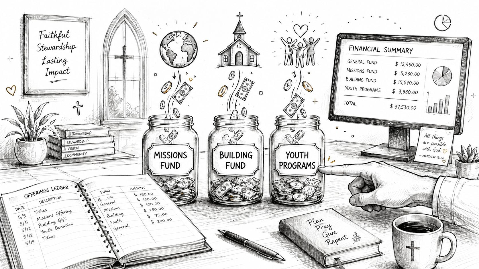 A hand points to a youth programs jar alongside church financial ledgers, jars, and summary computer screens.