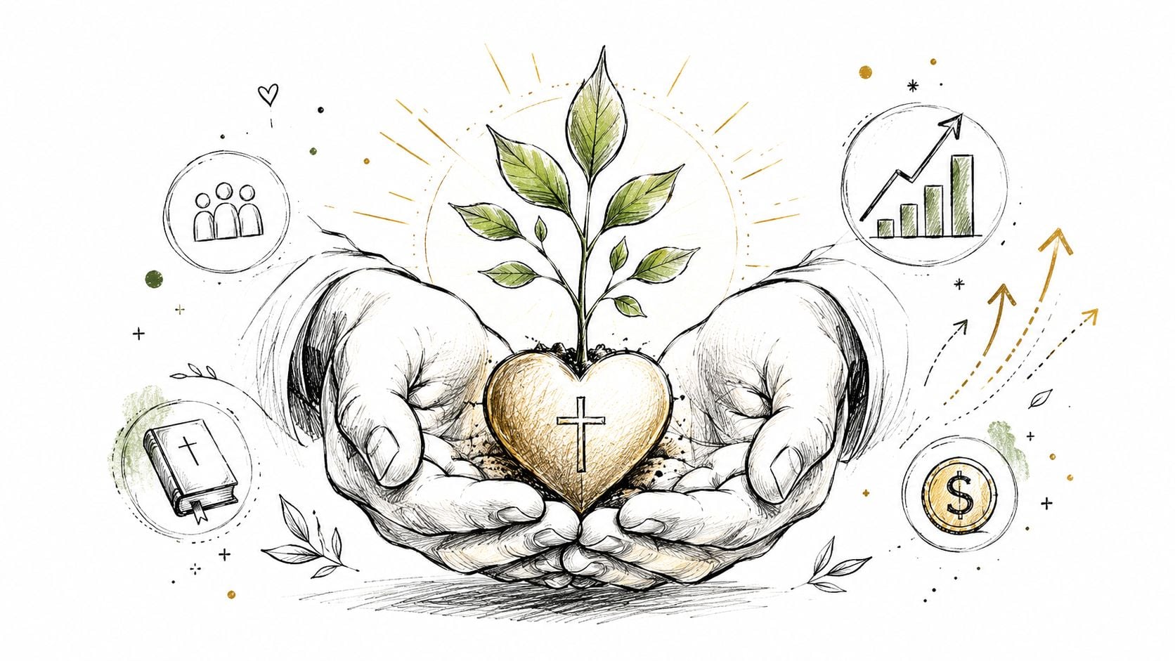 A hand-drawn illustration of cupped hands holding a heart with a cross and a small growing plant.