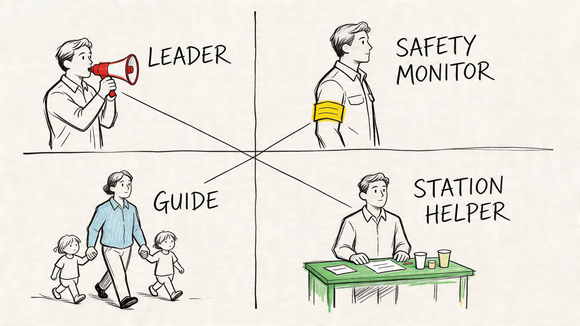 A hand-drawn illustration depicting four roles in a church VBS: Leader, Safety Monitor, Guide, and Station Helper.