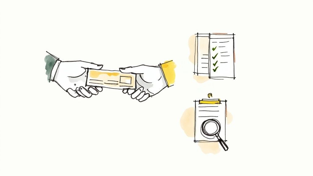 Illustration of hands exchanging a document, a checklist with green ticks, and a document with a magnifying glass for auditing.