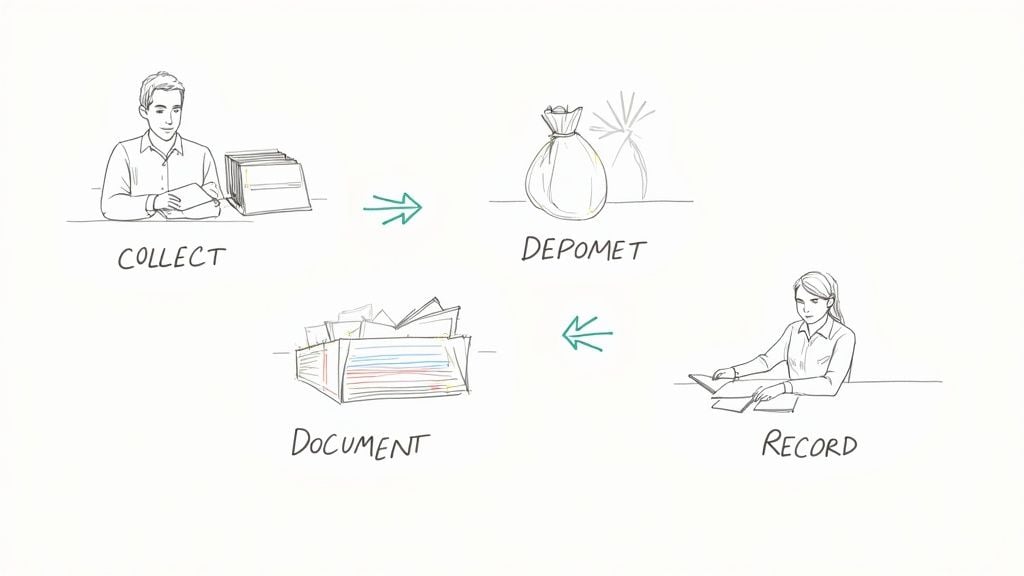 A diagram illustrates a financial process: collecting, depositing money, documenting, and recording papers.
