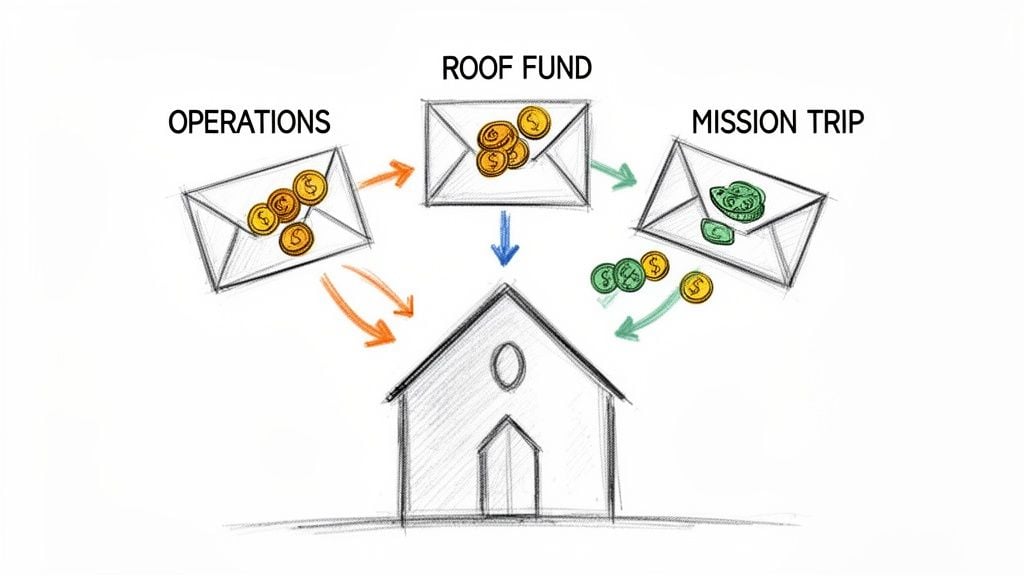 A sketch of envelopes representing church funds (Operations, Roof Fund, Mission Trip) directing money to a building.