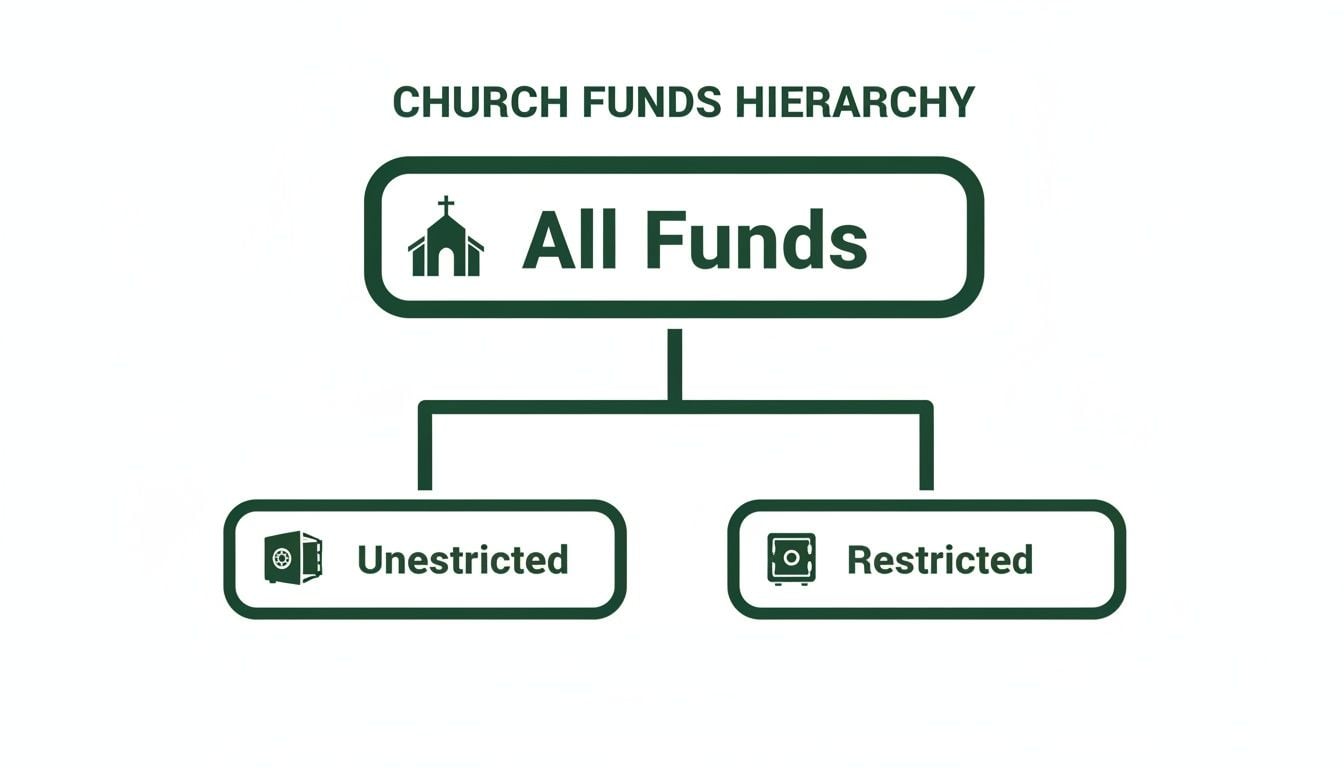 A hierarchical chart illustrating church funds divided into all funds, unrestricted, and restricted categories.