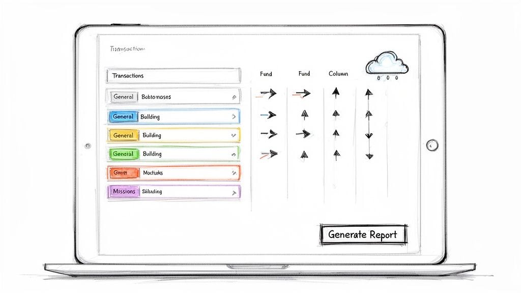 Hand-drawn tablet sketch displaying an accounting interface with transaction lists, fund columns, and a 'Generate Report' button.