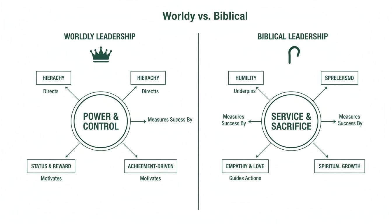 Diagram comparing worldly leadership (power and control) with biblical leadership (service and sacrifice).