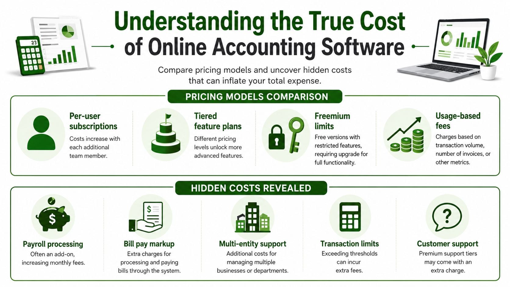 An infographic detailing the pricing models and potential hidden costs of online accounting software for businesses.