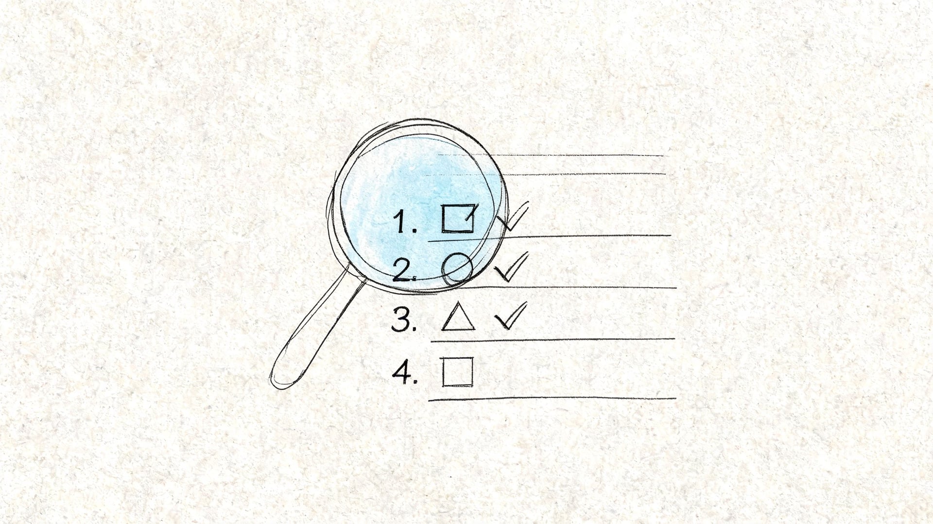 A hand-drawn illustration of a magnifying glass over a numbered checklist with various geometric shapes.