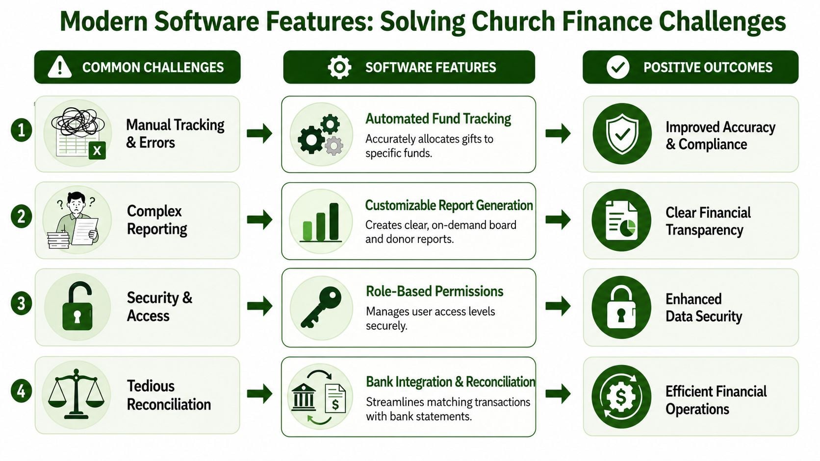A chart illustrating how modern software features resolve common church finance challenges and create positive outcomes.