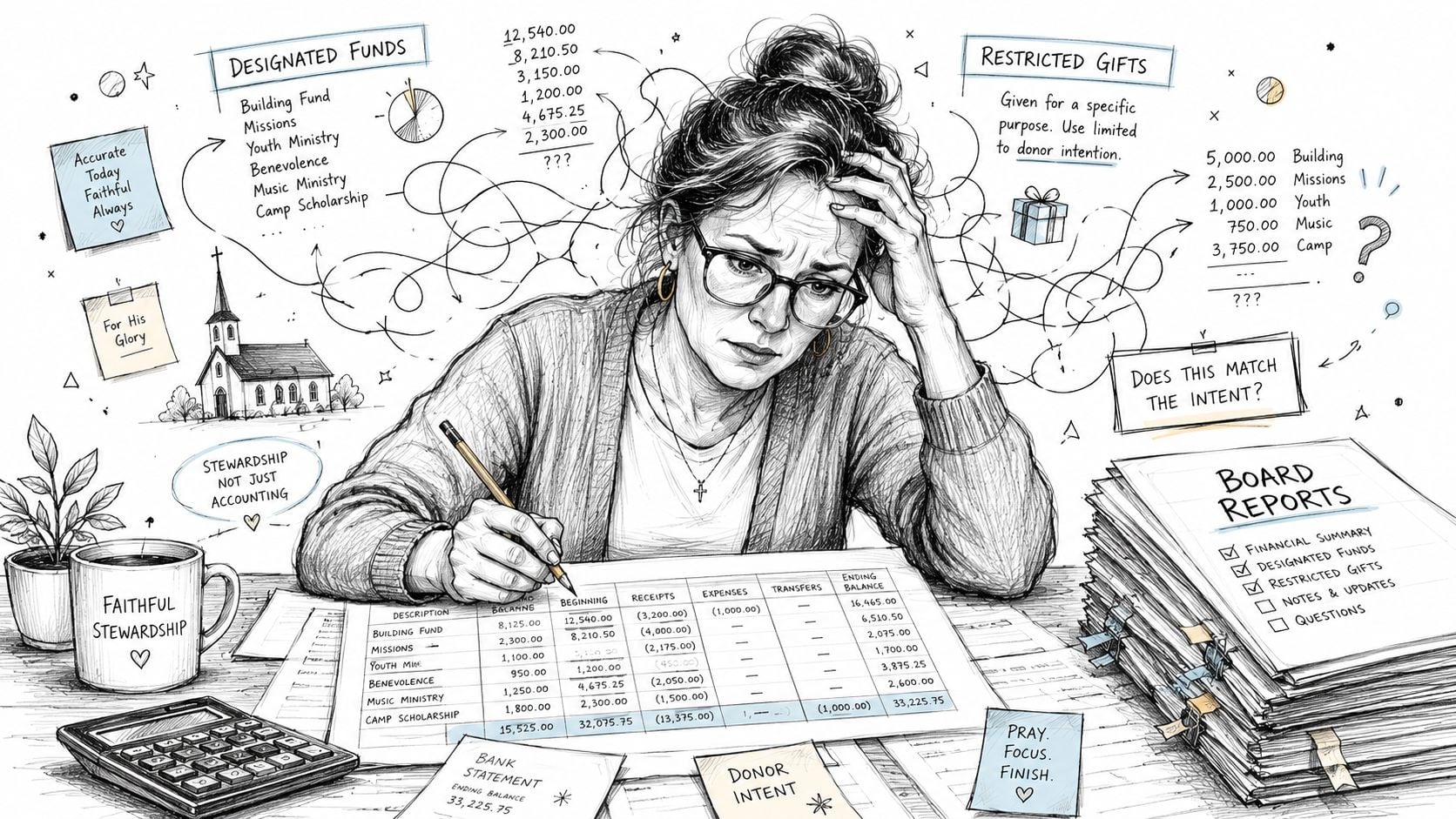 A stressed woman reviews complex church financial reports and accounting documents with concern for stewardship and donor intent.