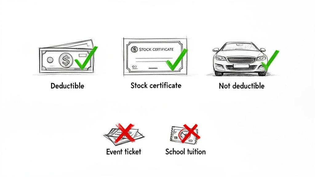 Illustrations showing tax deduction statuses for money, stock certificates, cars, event tickets, and school tuition.