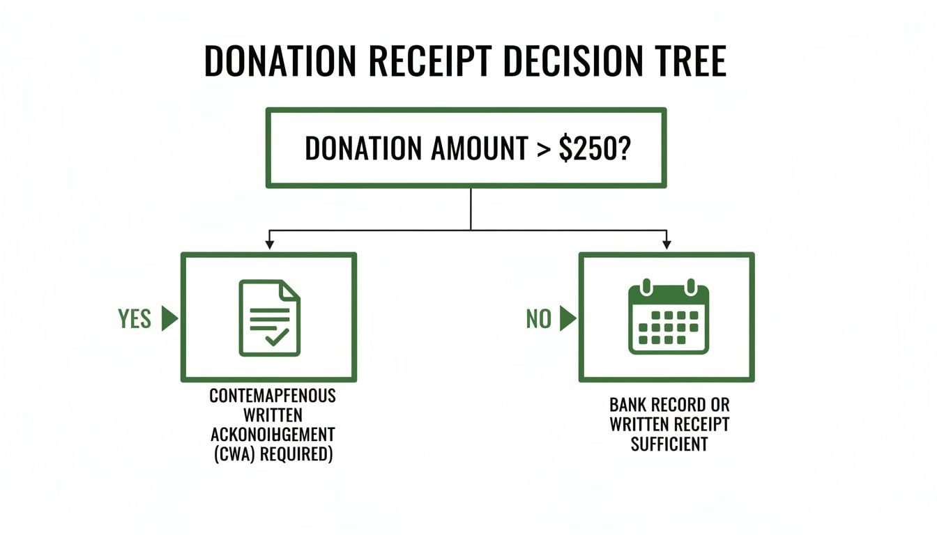 Decision tree illustrating donation receipt requirements for tax deductions based on the amount donated.