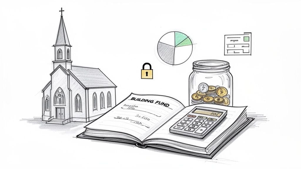 Illustration showing a church, building fund ledger, calculator, money jar, and financial planning graphics.