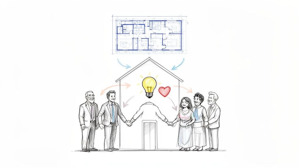 People collaborate around a house blueprint with ideas and a heart, symbolizing community planning.