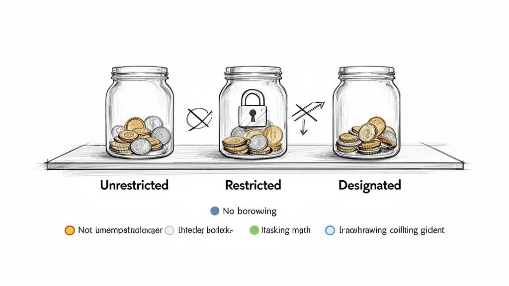 Three labeled jars, Unrestricted, Restricted, and Designated, representing different financial funds.