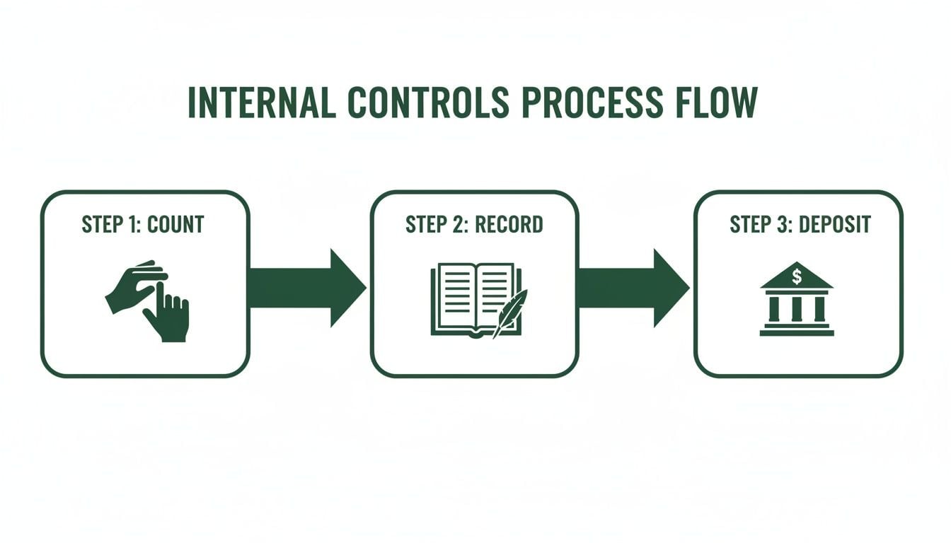 Flowchart illustrating internal controls process: Step 1 Count, Step 2 Record, Step 3 Deposit.