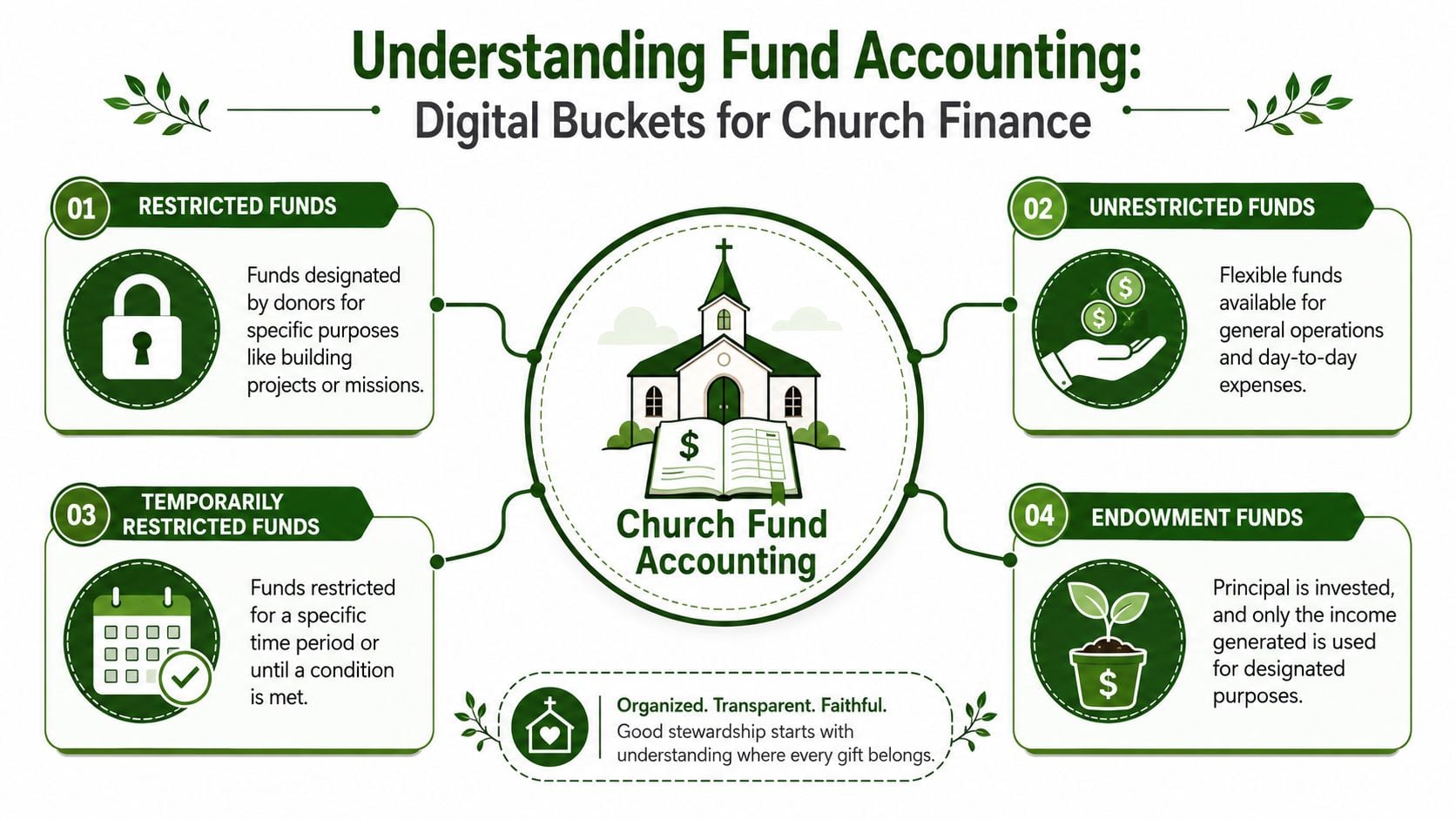 An infographic explaining church fund accounting categories including restricted, unrestricted, temporarily restricted, and endowment funds.