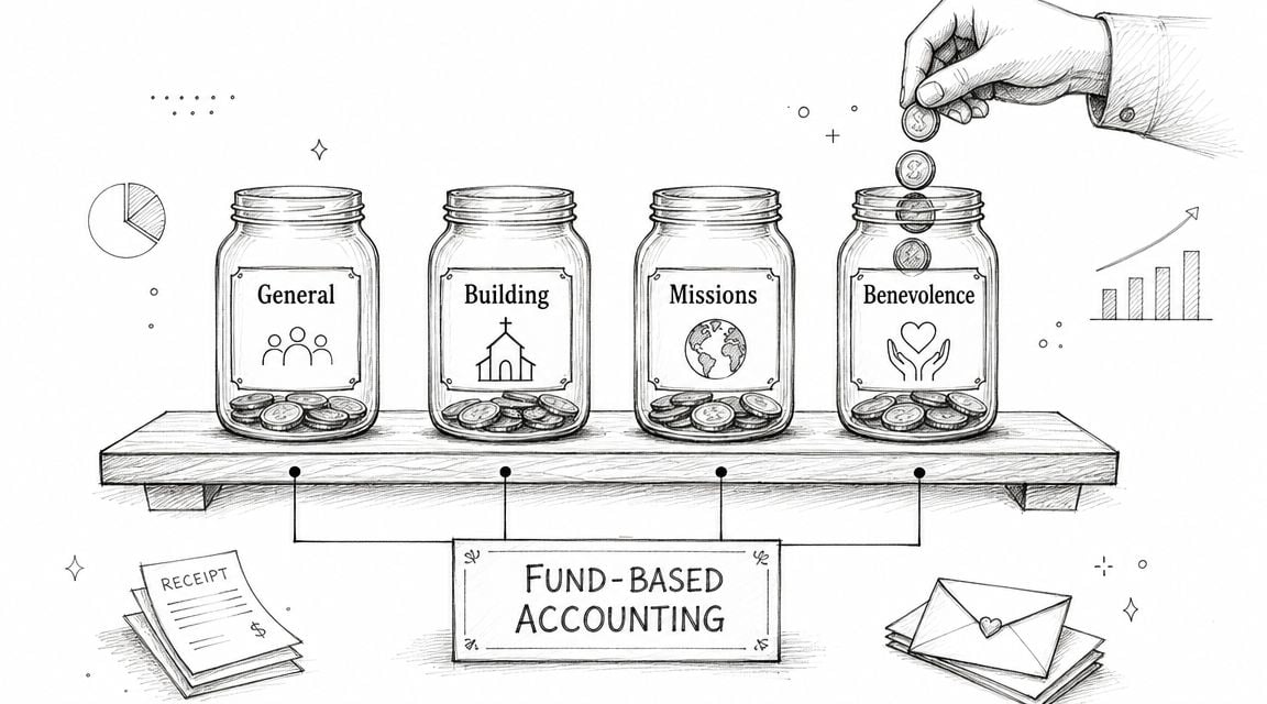A line drawing illustration showing four glass jars labeled General, Building, Missions, and Benevolence with fund-based accounting.