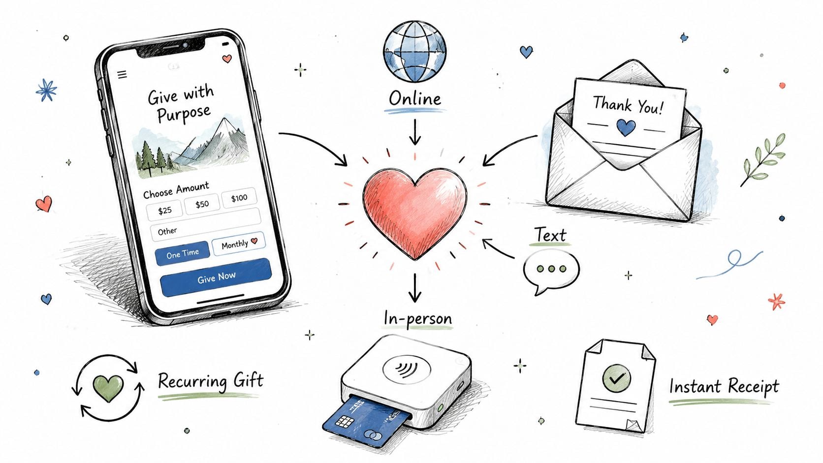 A hand-drawn illustration showing different methods for digital giving, including mobile apps, online, text, and card payments.
